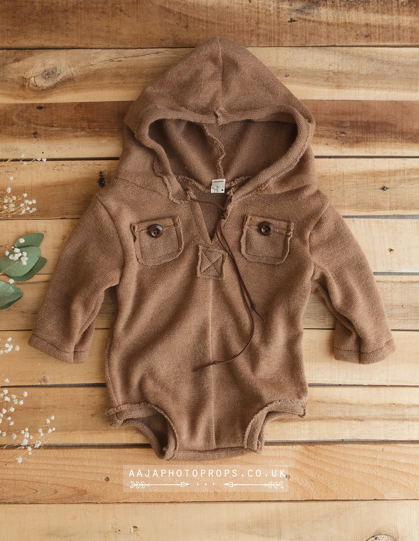 9-12 months size brown romper hoodie, off white, green, buttons, Made to order