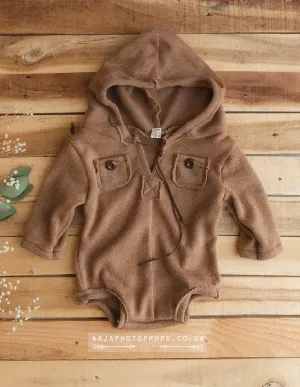 9-12 months size brown romper hoodie, off white, green, buttons, Made to order