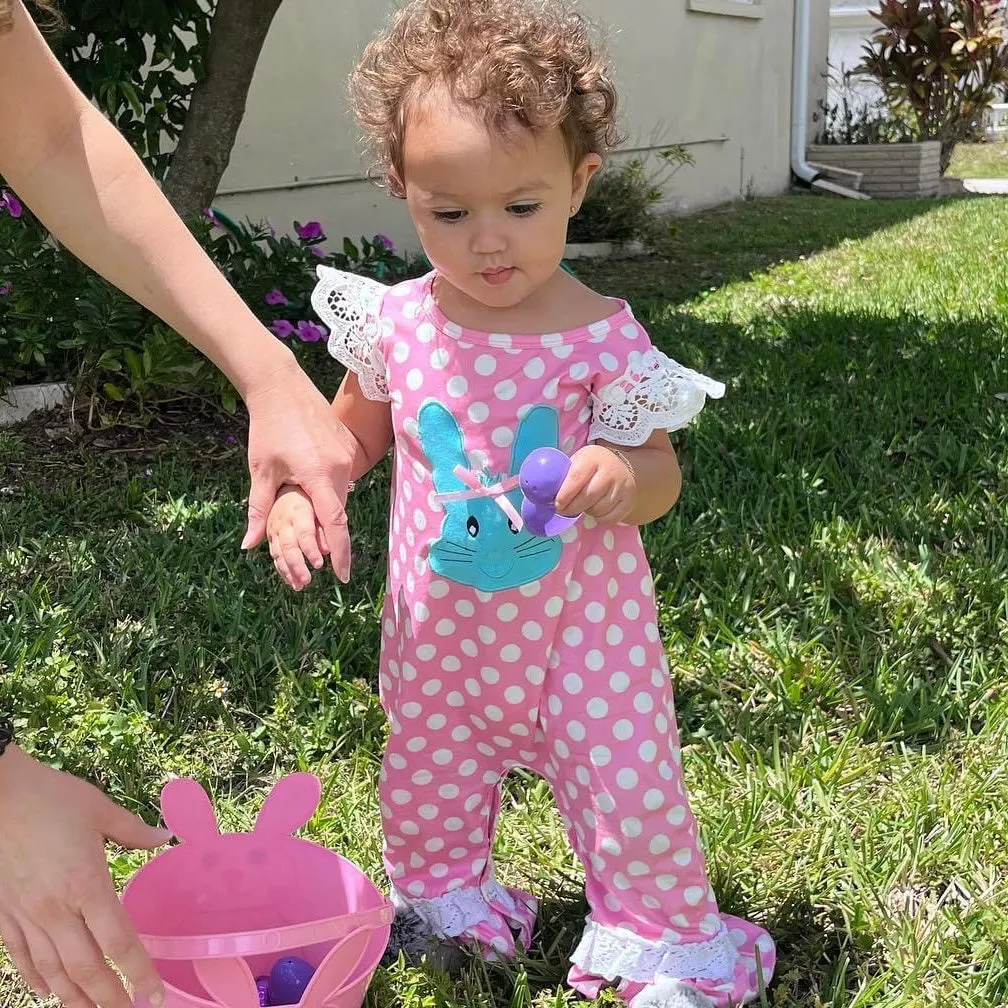 AL Limited Easter Bunny Baby Girls Polka Dot Lace Romper