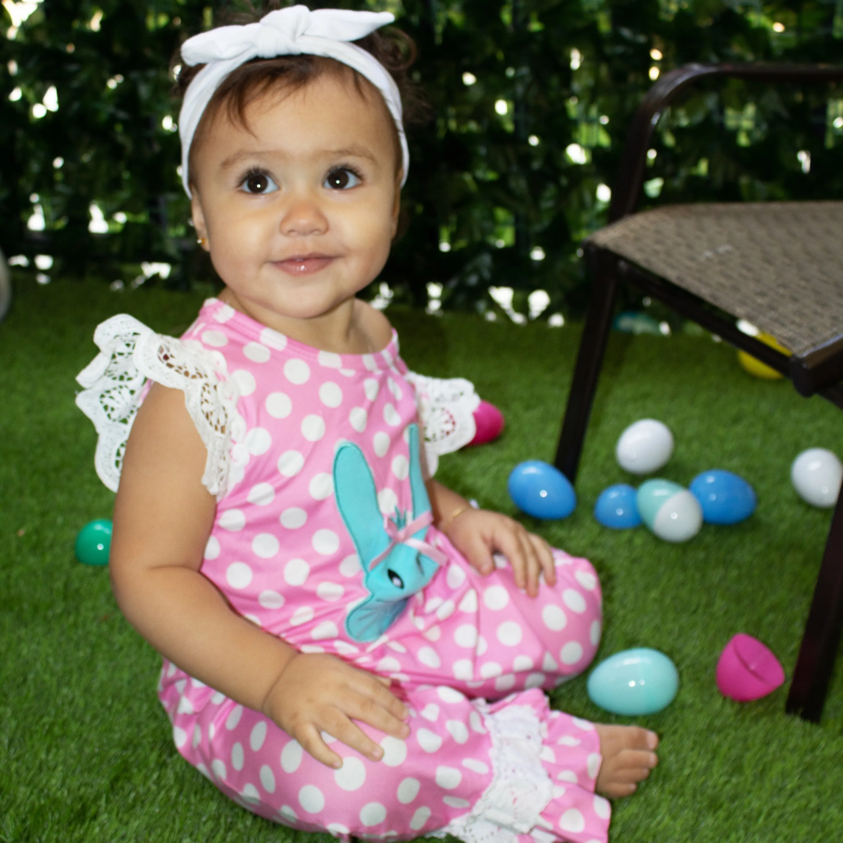 AL Limited Easter Bunny Baby Girls Polka Dot Lace Romper