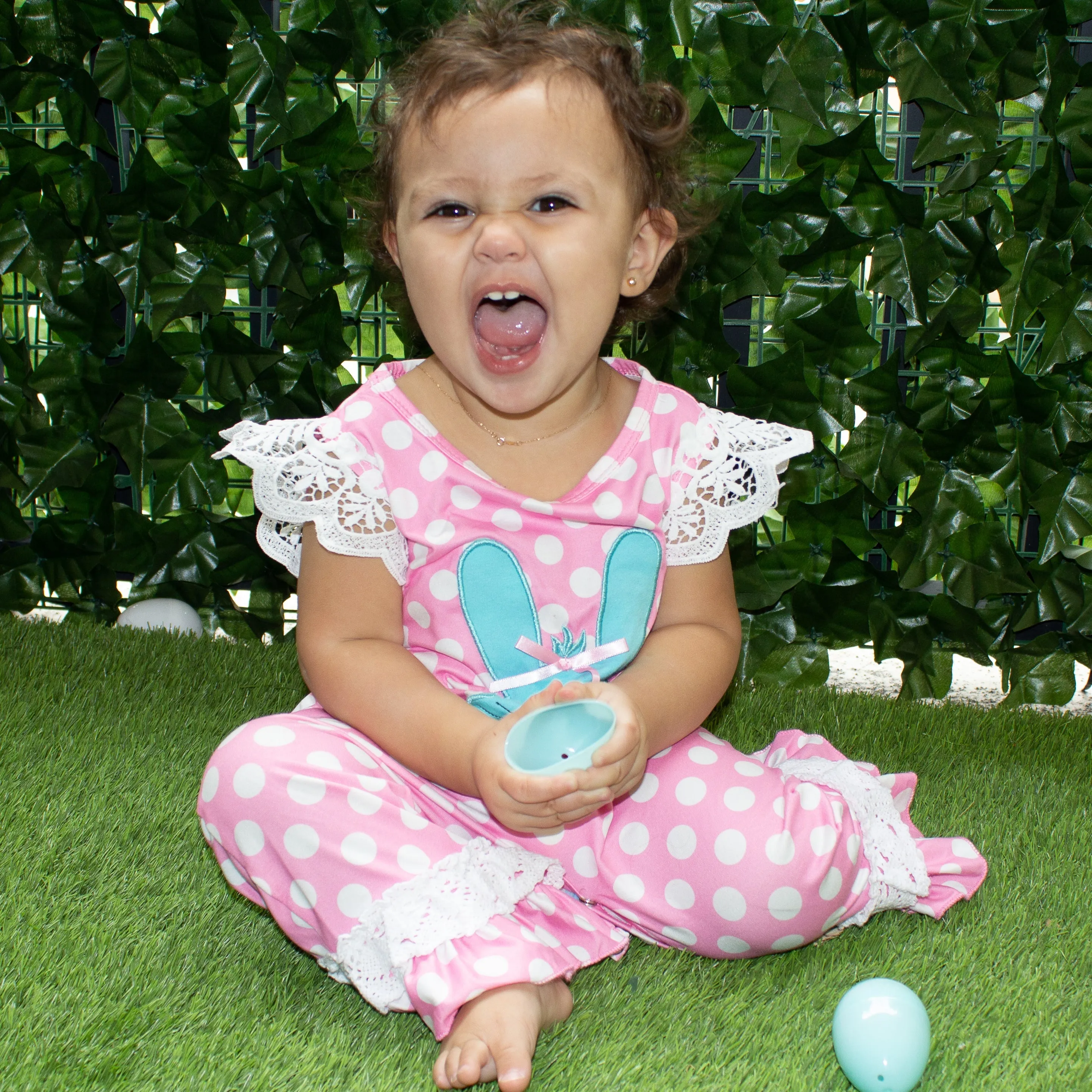 AL Limited Easter Bunny Baby Girls Polka Dot Lace Romper
