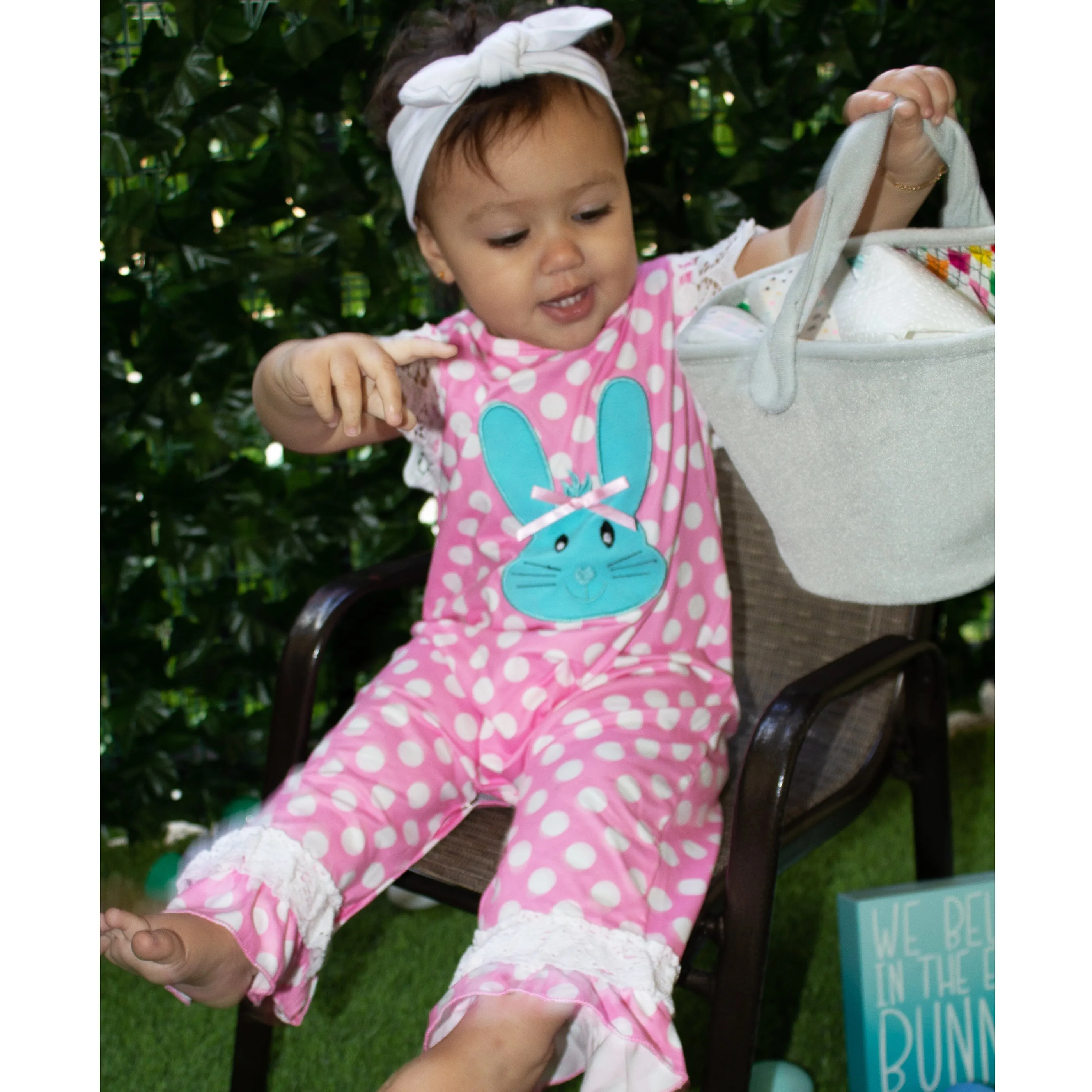 AL Limited Easter Bunny Baby Girls Polka Dot Lace Romper