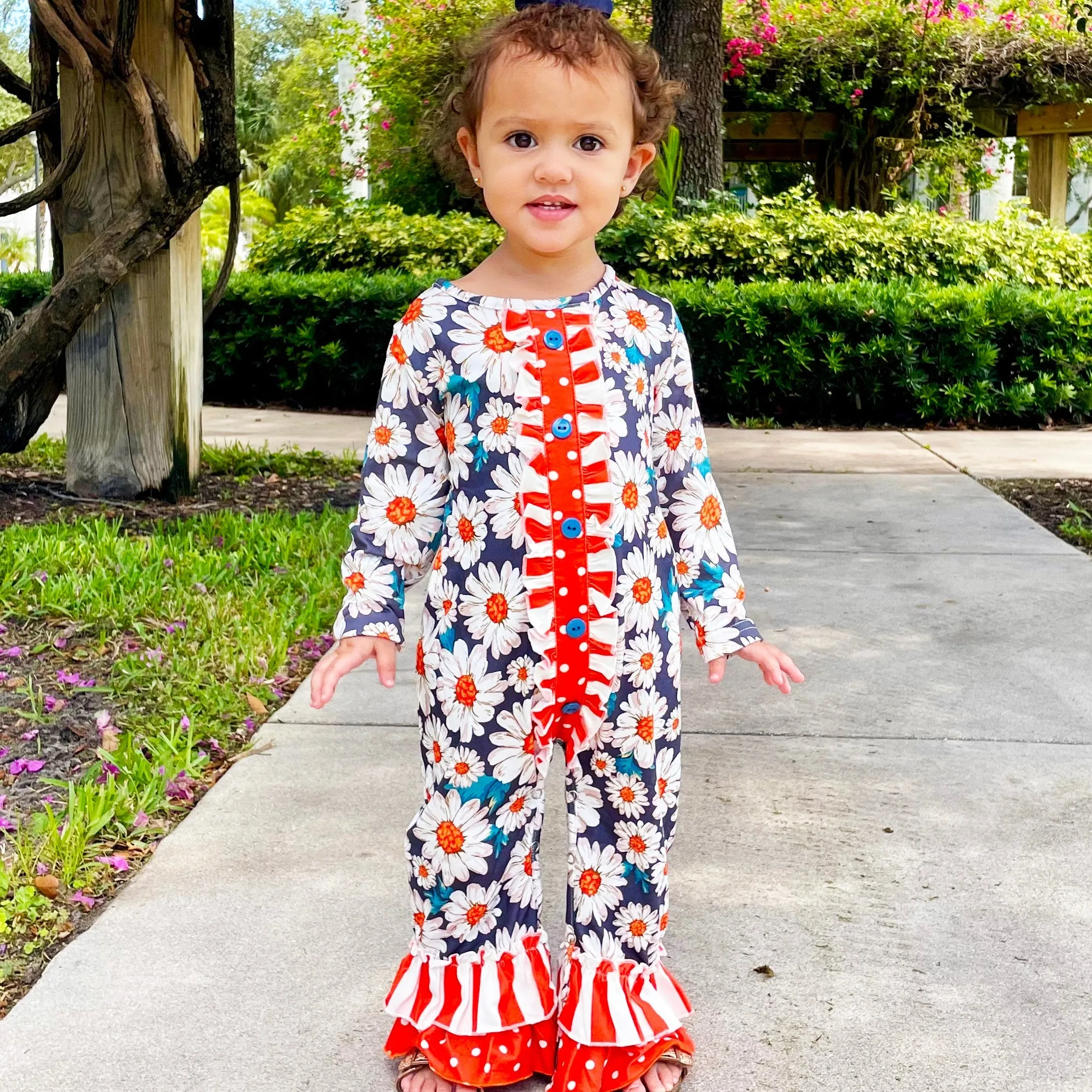 AL Limited Orange Daisy Floral Baby Girls Long Sleeve Tuxedo Lace Romper