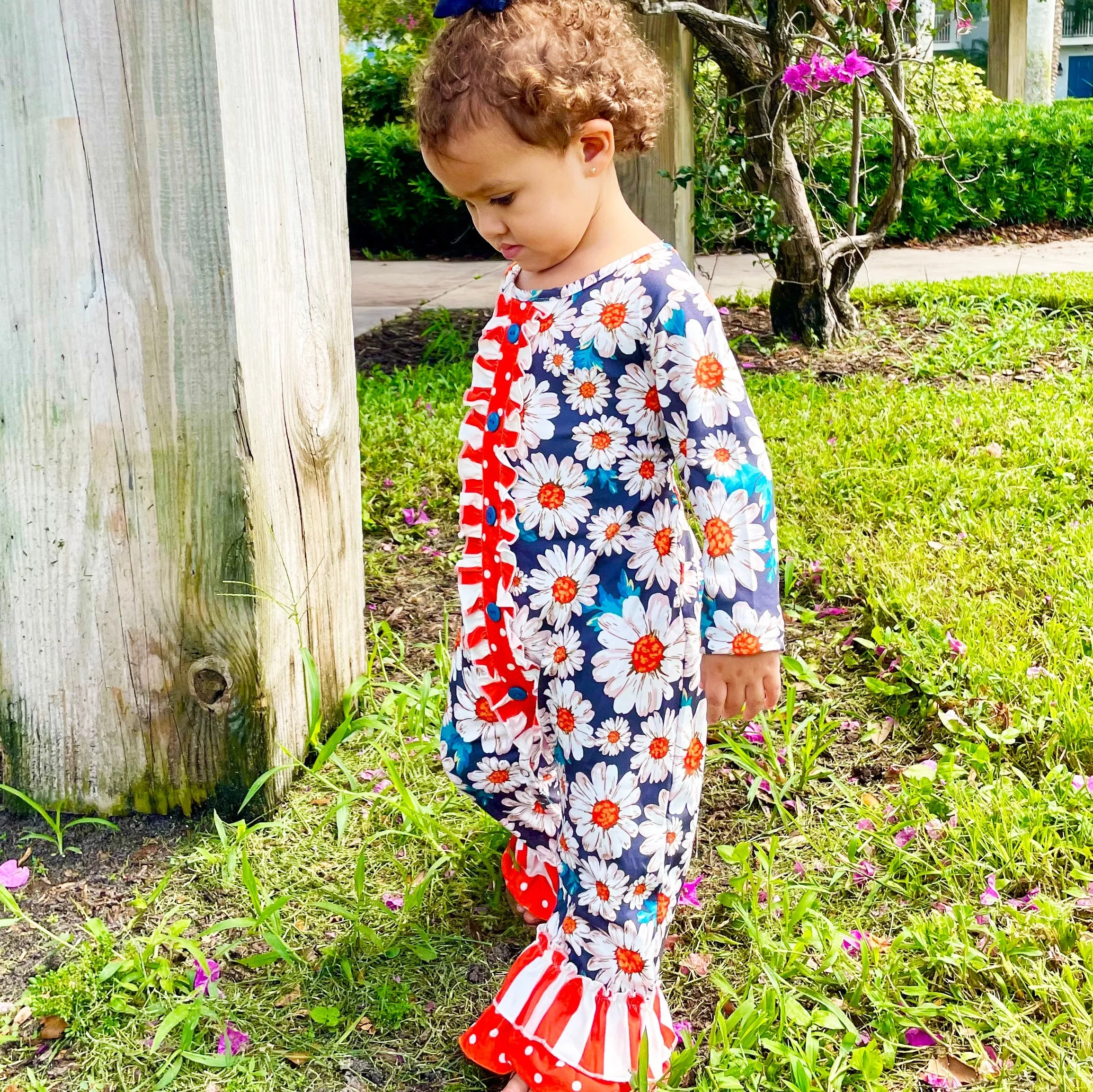 AL Limited Orange Daisy Floral Baby Girls Long Sleeve Tuxedo Lace Romper