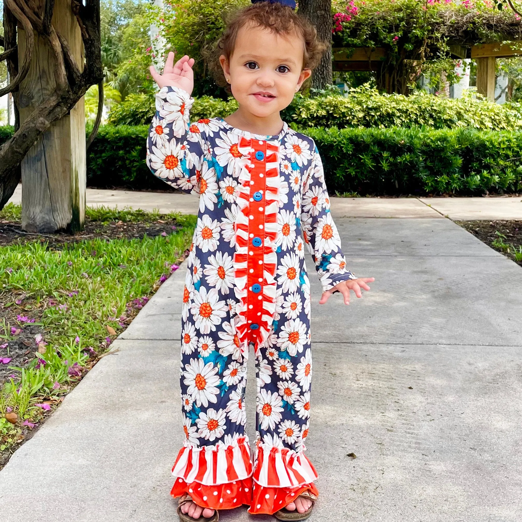 AL Limited Orange Daisy Floral Baby Girls Long Sleeve Tuxedo Lace Romper