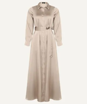 Almond Satin Button Down Collar Dress