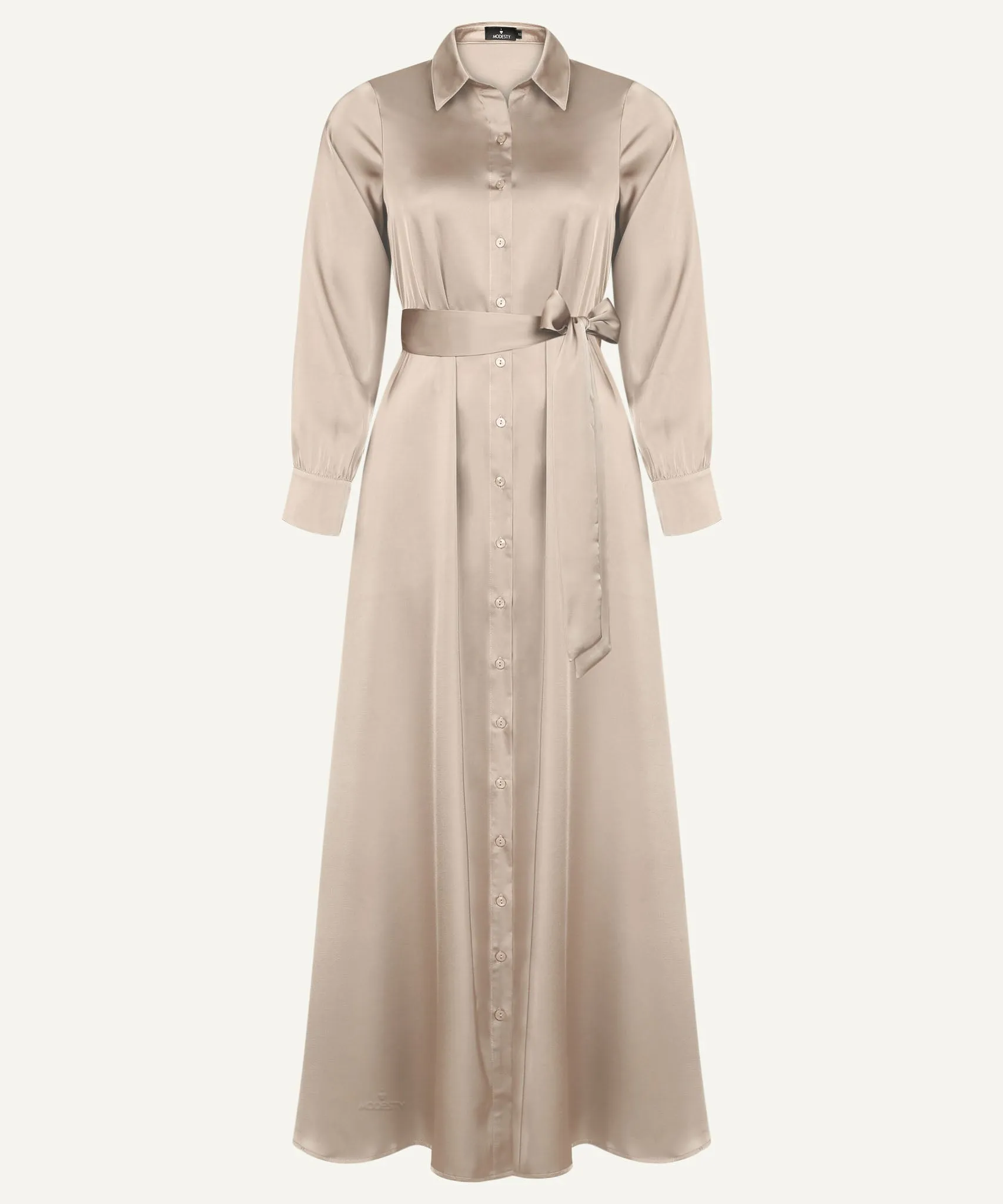 Almond Satin Button Down Collar Dress