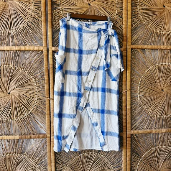 Anthropology Maeve Plaid Wrap Linen Skirt Asymmetric Button Pocket SZ: 6