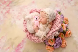 Baby newborn bonnet with velvet, romper, tieback, bauble bonnet set, off white,  Made to order