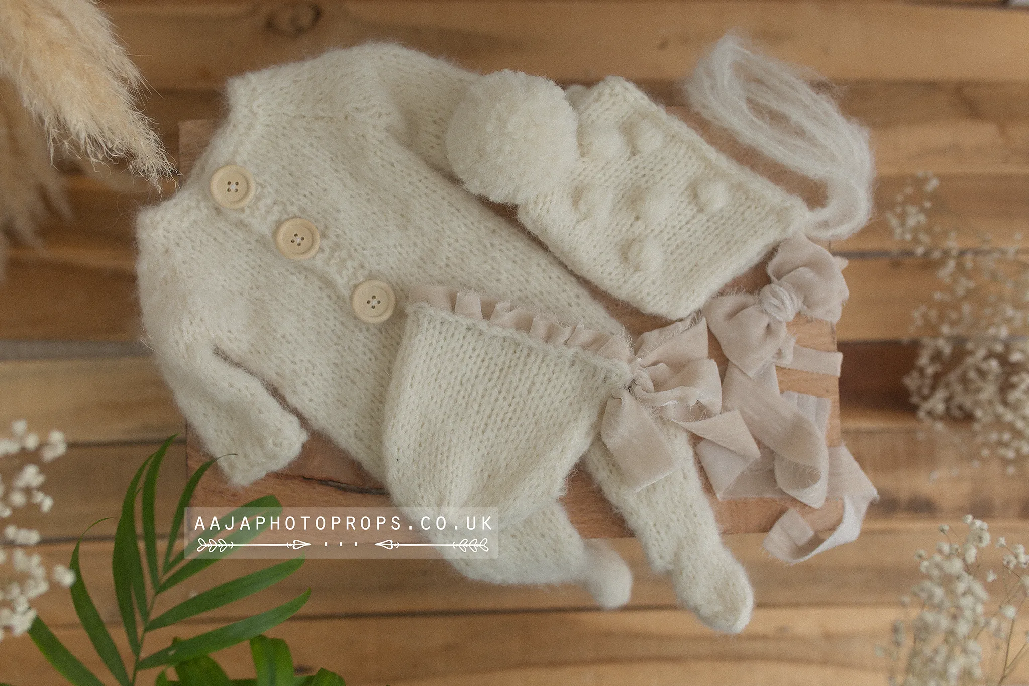 Baby newborn bonnet with velvet, romper, tieback, bauble bonnet set, off white,  Made to order