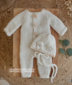 Baby newborn knitted romper and bear bonnet, off white, made to order