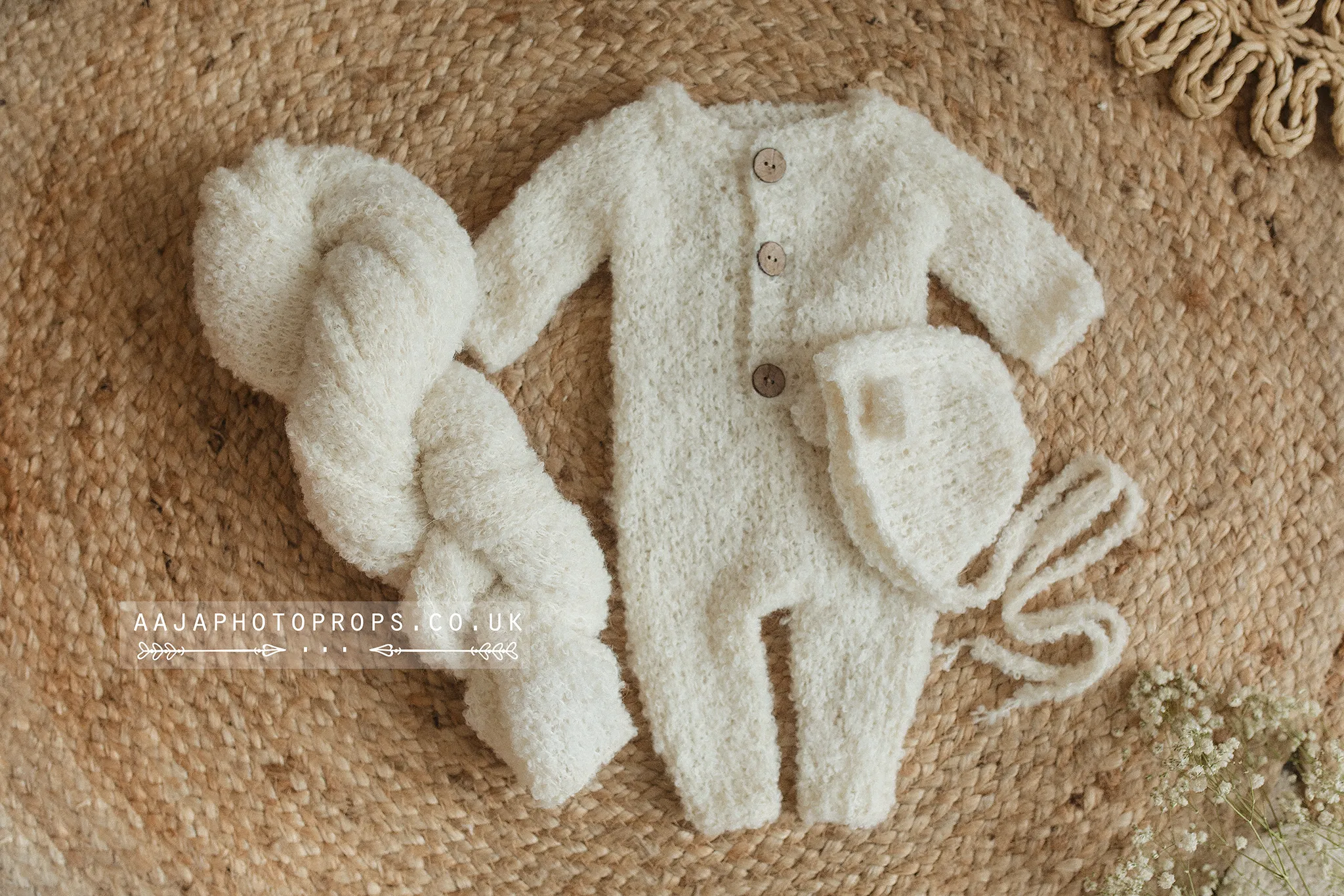 Baby newborn knitted romper, bear bonnet, wrap bundle, Cream off white, Made to order