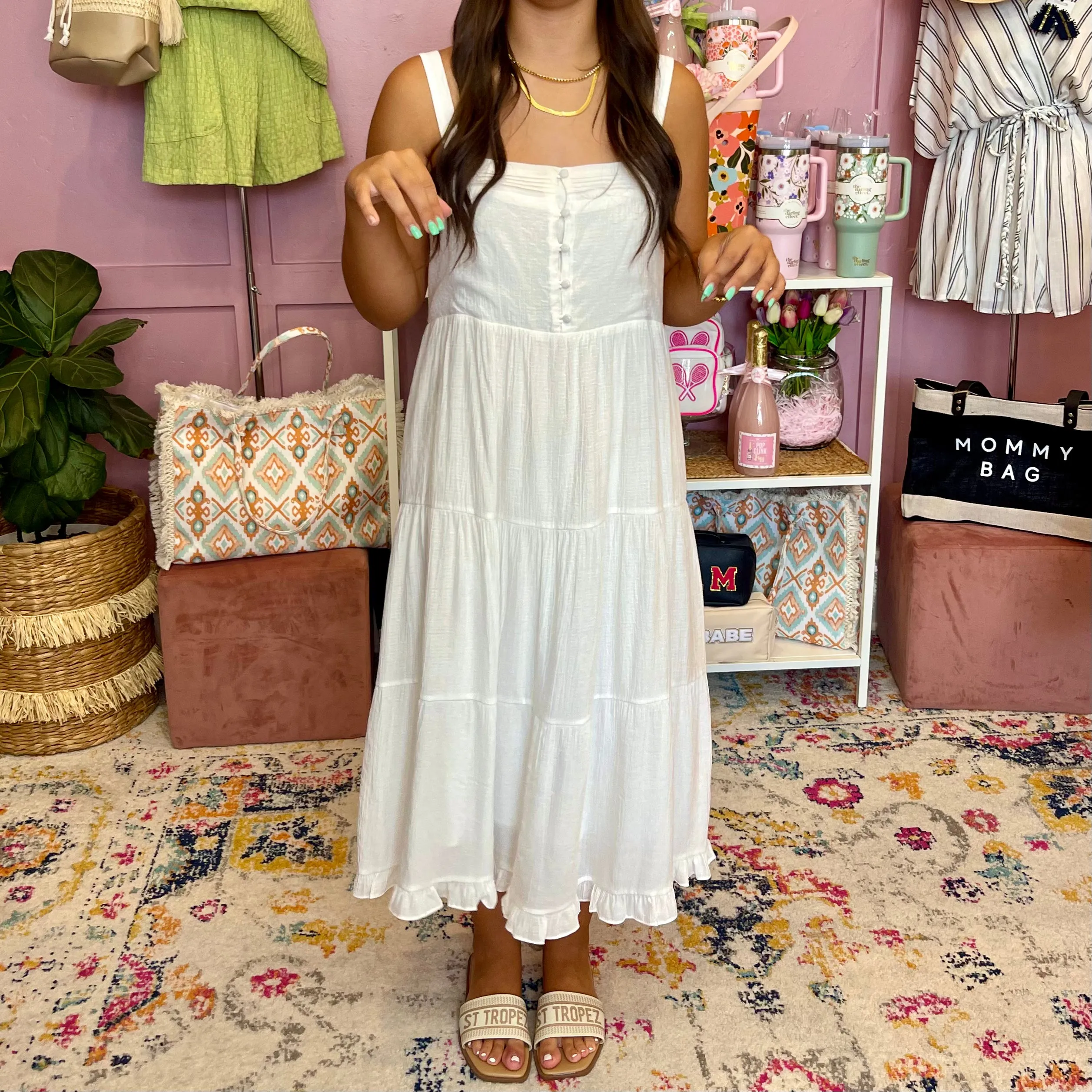 Beach Side White Tiered Sleeveless Midi Dress-FINAL SALE