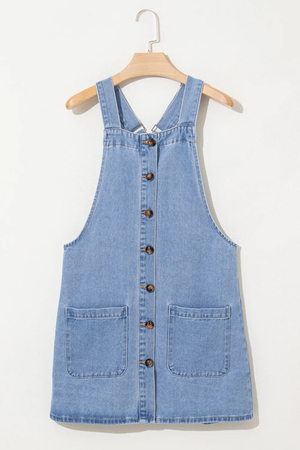 Beau Blue Wide Strap Button Front Pocketed Denim Mini Dress