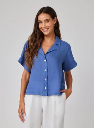 Bella Dahl - Women - Antique Indigo Linen Short Sleeve Flowy Button Down