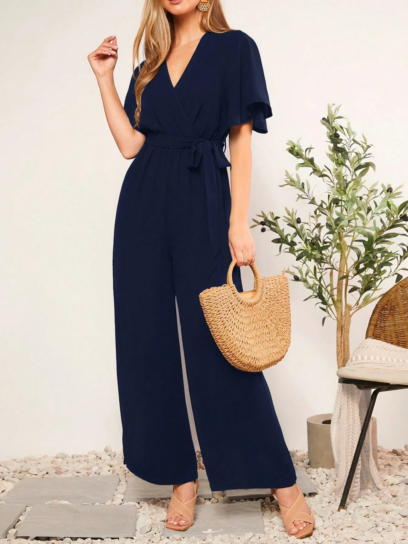 BizChic Summer Belted V-Neck Polka Dot Printed Jumpsuit For Casual Or Rural Occasions Women Rompers