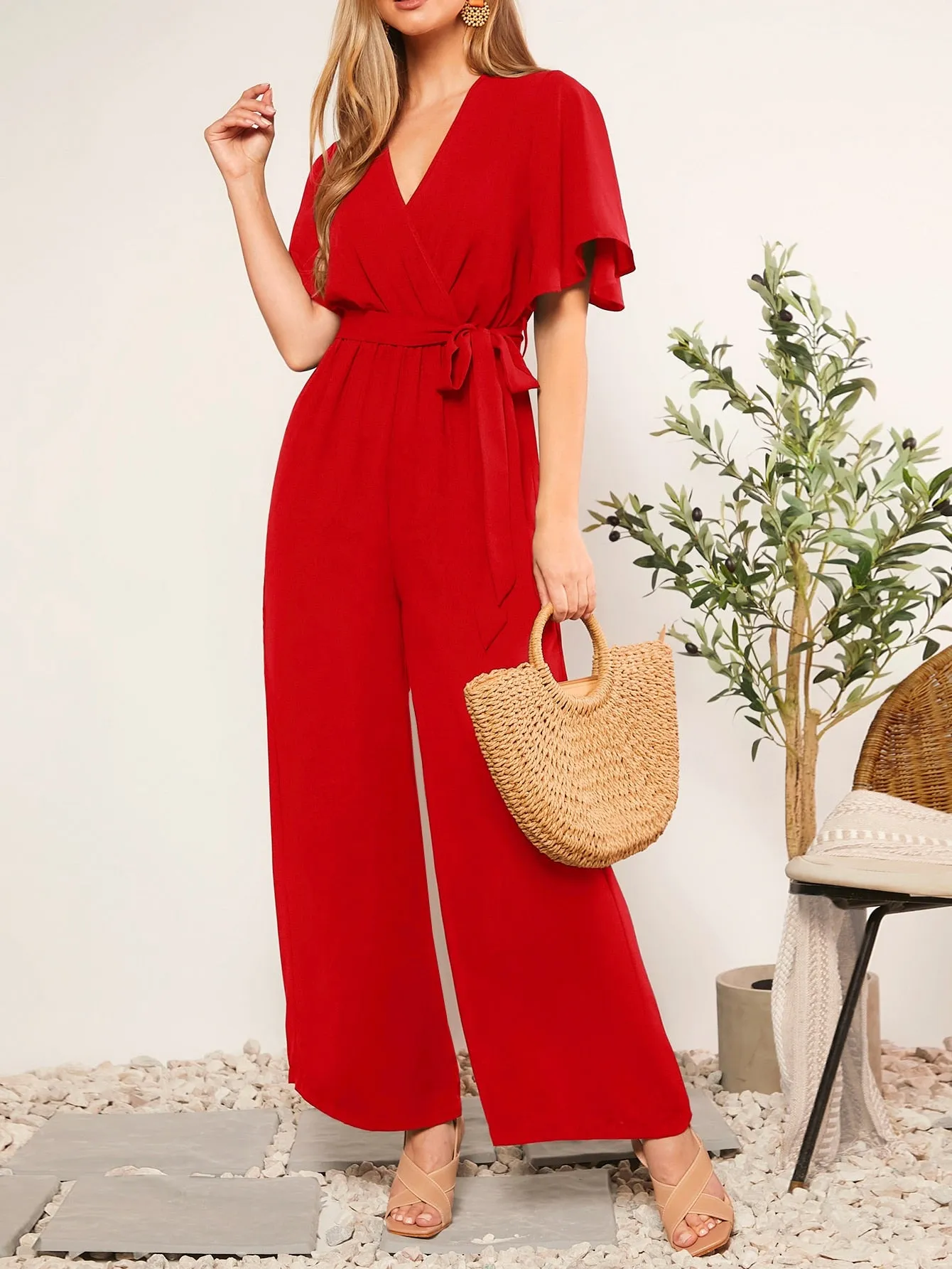 BizChic Summer Belted V-Neck Polka Dot Printed Jumpsuit For Casual Or Rural Occasions Women Rompers