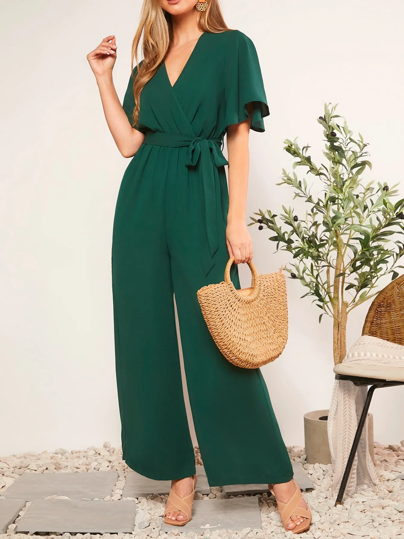 BizChic Summer Belted V-Neck Polka Dot Printed Jumpsuit For Casual Or Rural Occasions Women Rompers