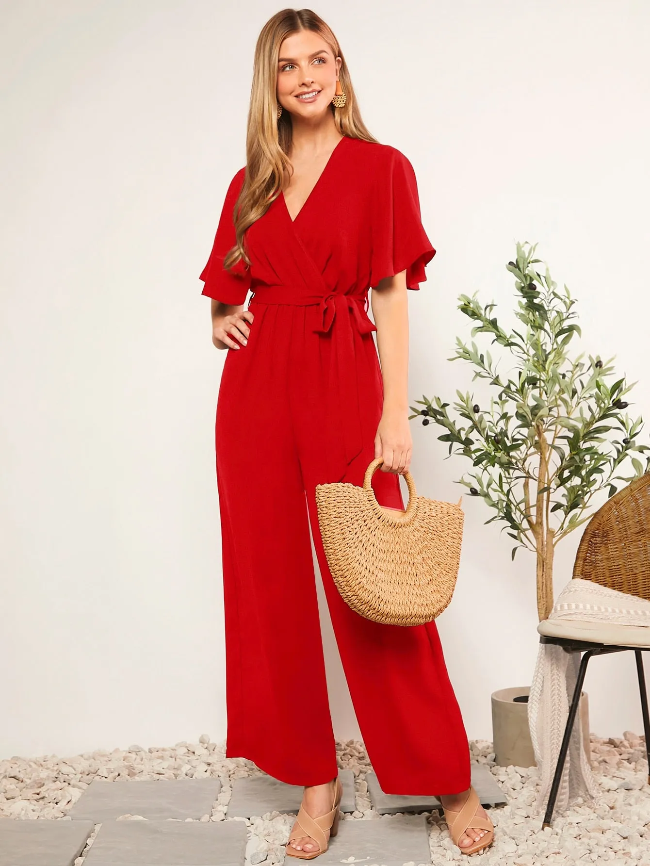 BizChic Summer Belted V-Neck Polka Dot Printed Jumpsuit For Casual Or Rural Occasions Women Rompers