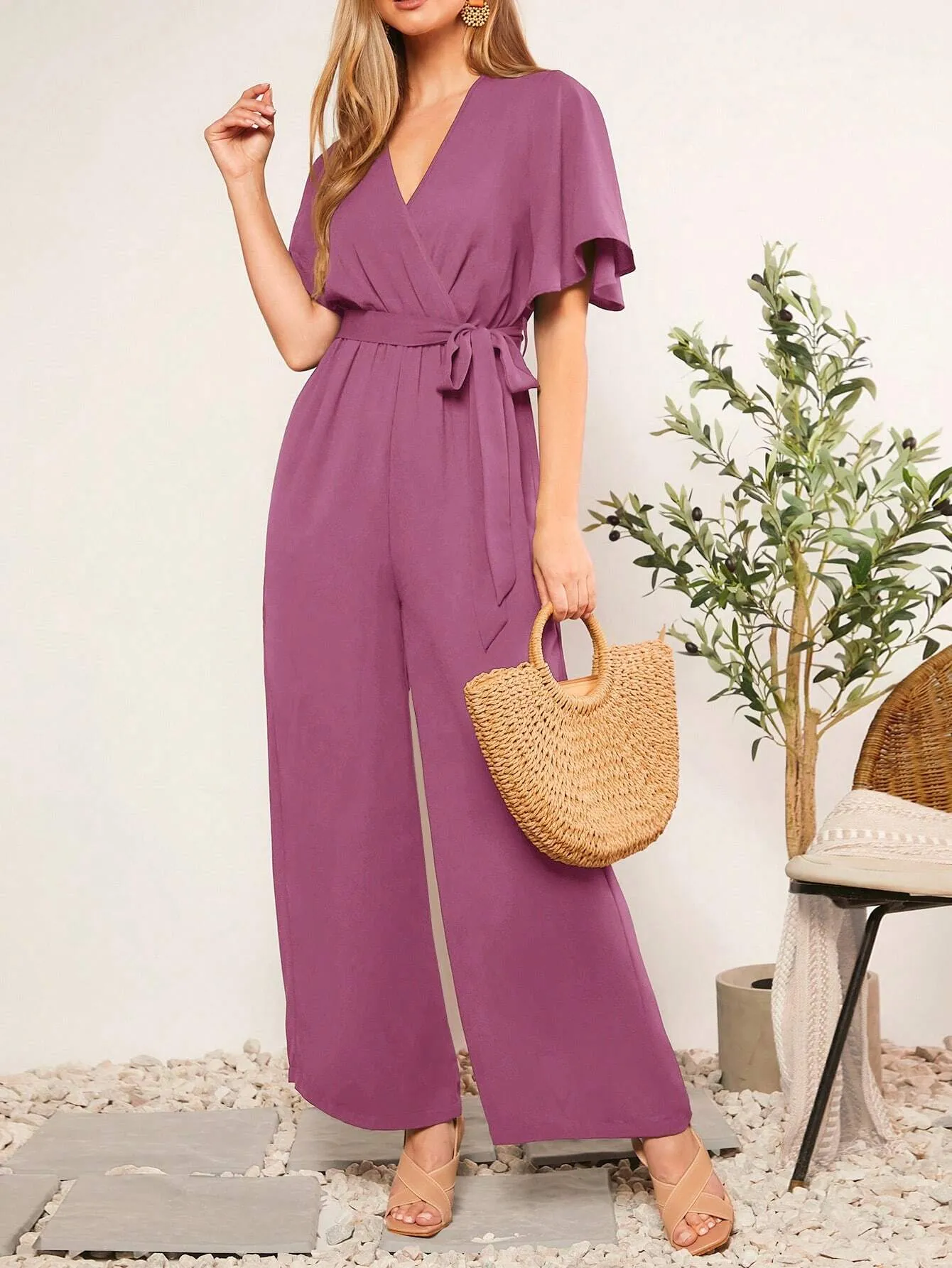 BizChic Summer Belted V-Neck Polka Dot Printed Jumpsuit For Casual Or Rural Occasions Women Rompers