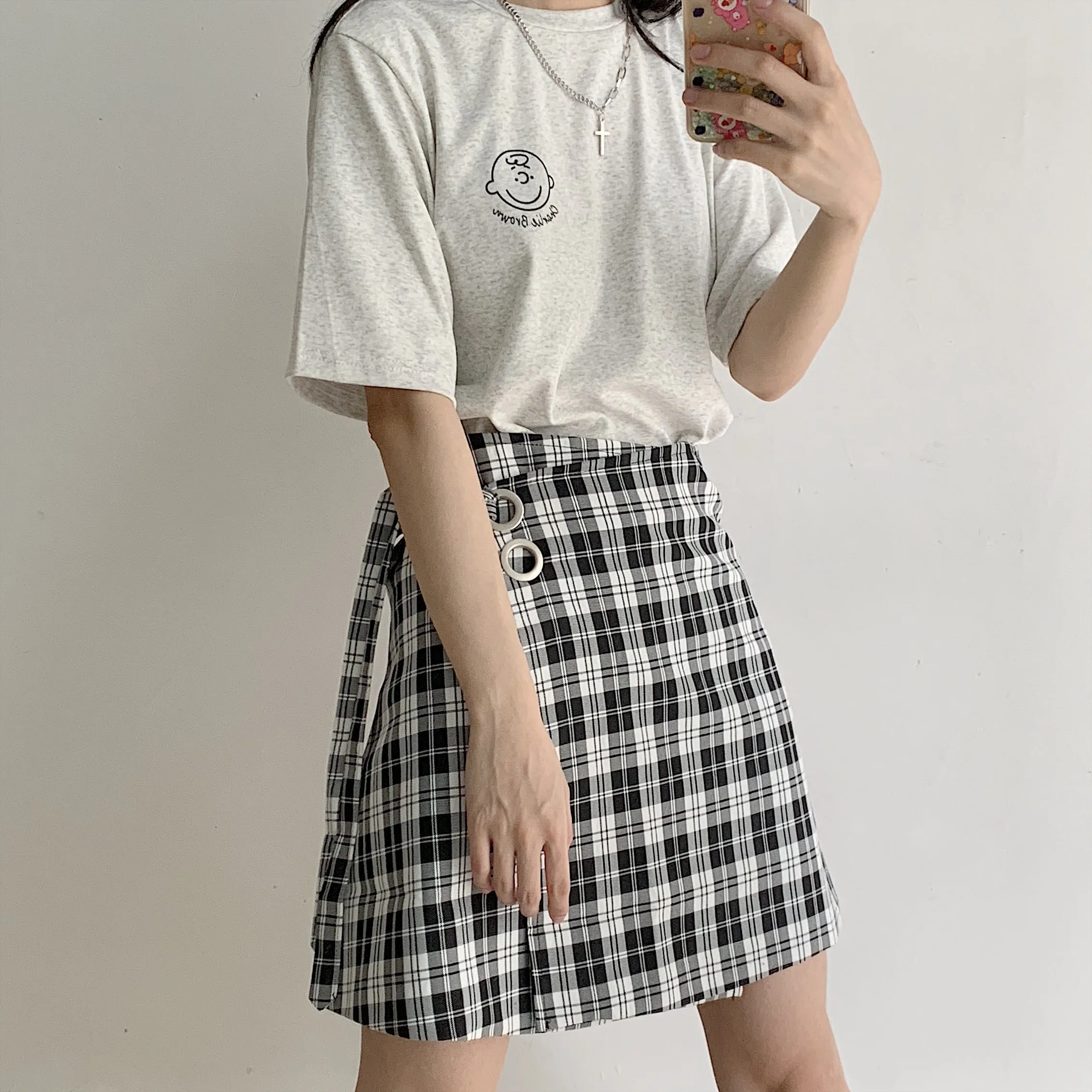 Black and white plaid button skirt  YC21558