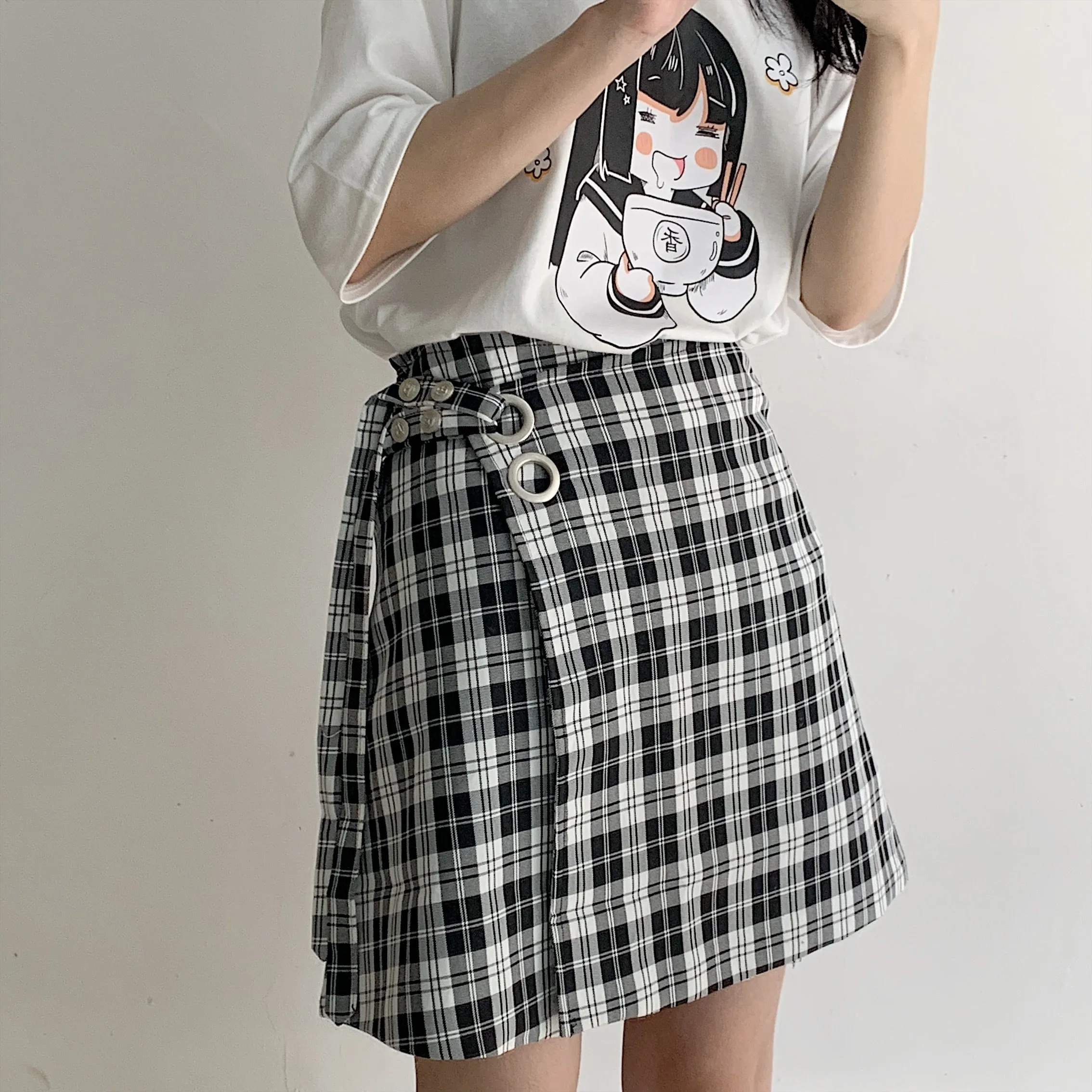 Black and white plaid button skirt  YC21558