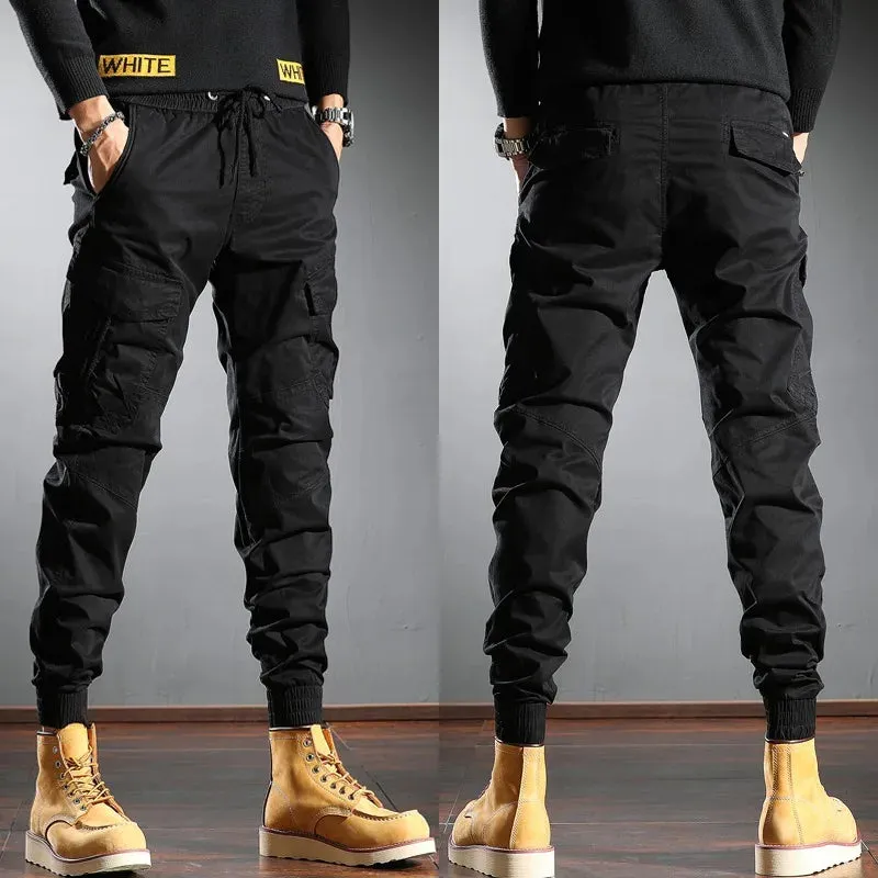 Black Tactical Cargo Pants - Men's Cotton Stretch Sport Joggers for Casual Streetwear Hip Hop Slim Fit Trousers