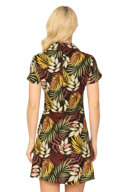 Black Tropical Short Sleeve Collared Button Down Mini Dress - Pack of 5