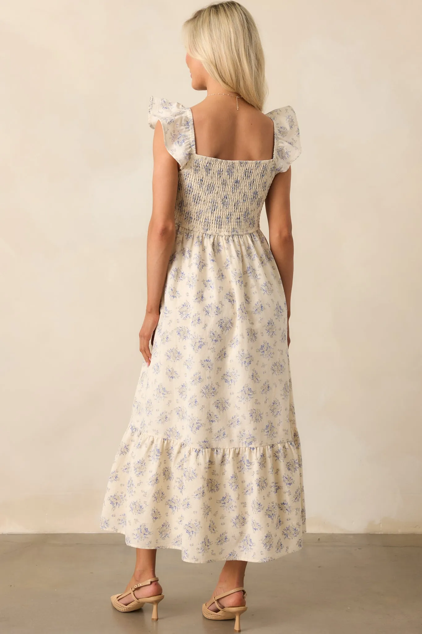 Blooming Brunch Cotton Beige Floral Flutter Sleeve Maxi Dress