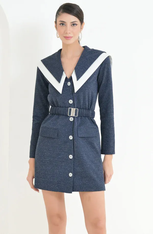 Blue & White Shimmer Blazer Dress