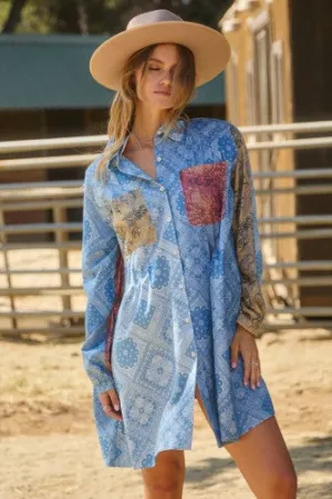 Blue Bandana Patchwork Button Up Dress