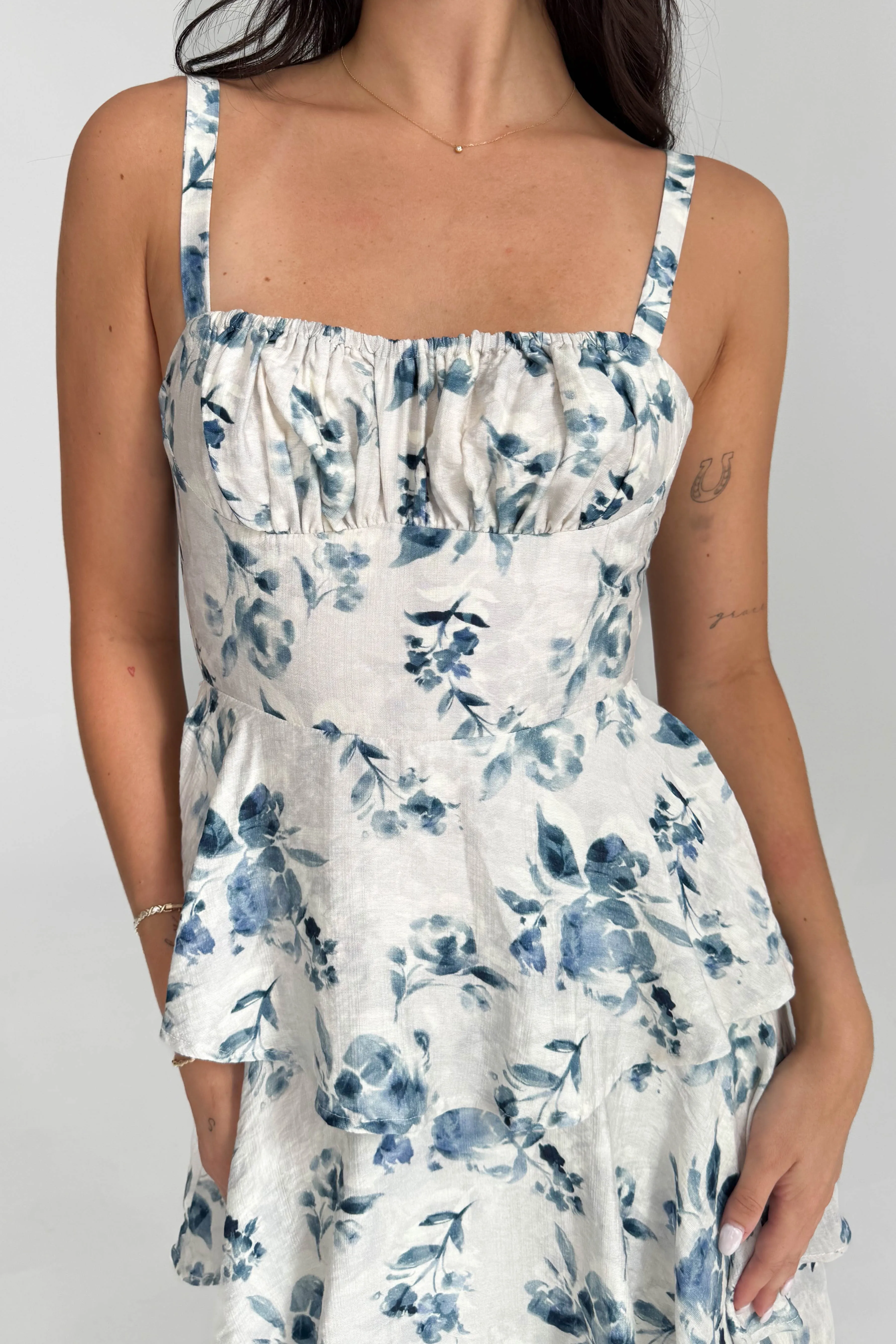 Blue Floral Tiered Midi Dress