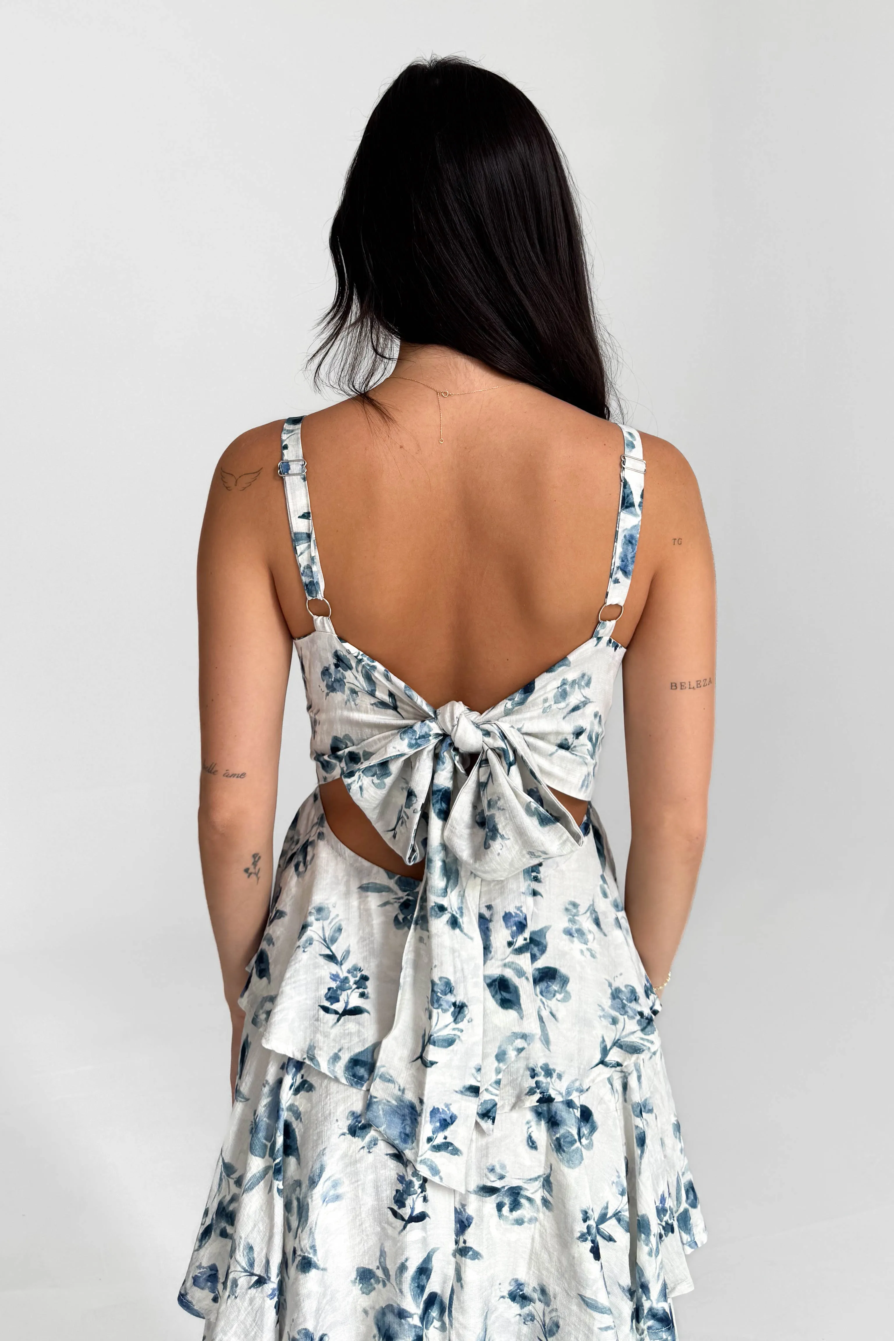 Blue Floral Tiered Midi Dress
