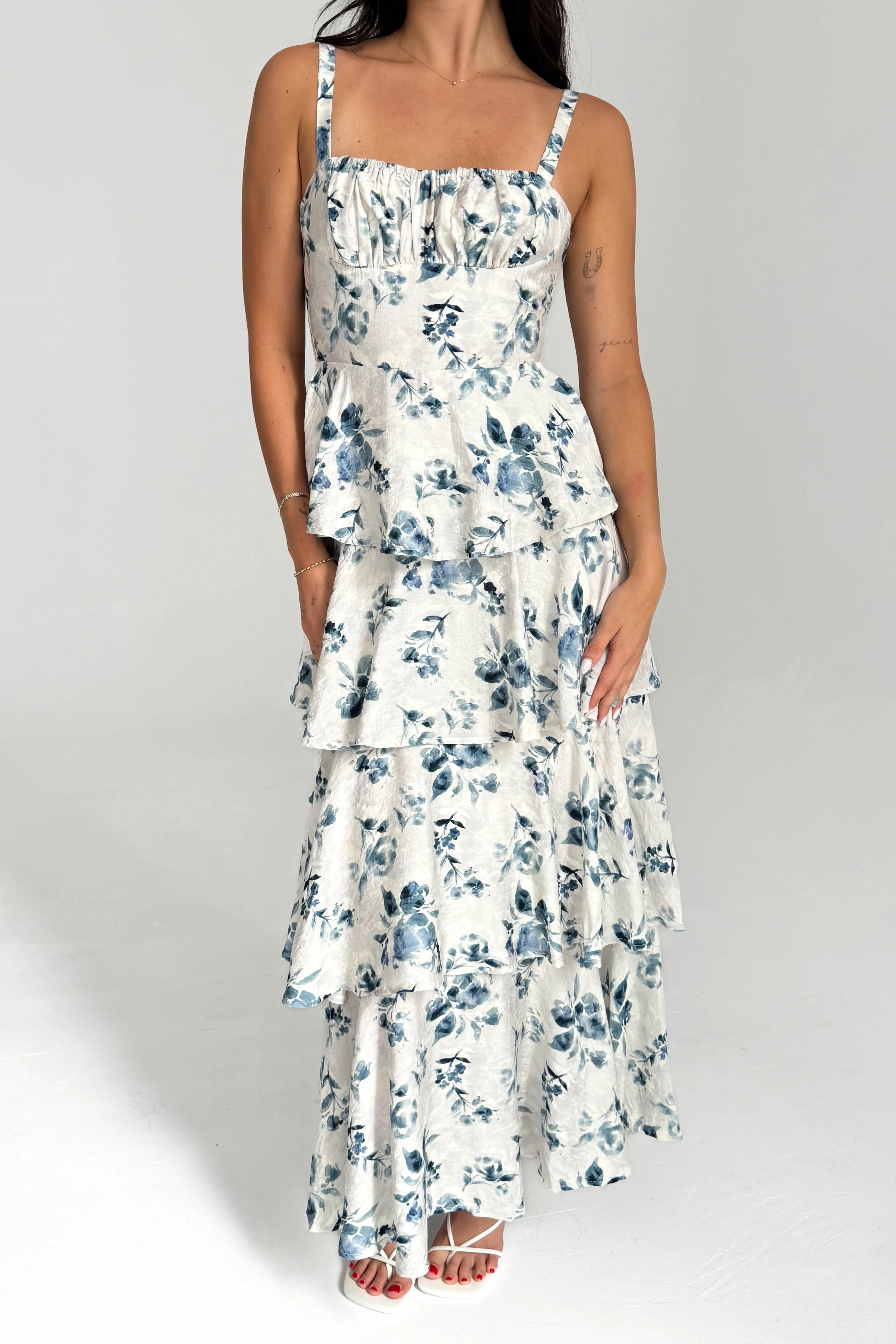 Blue Floral Tiered Midi Dress