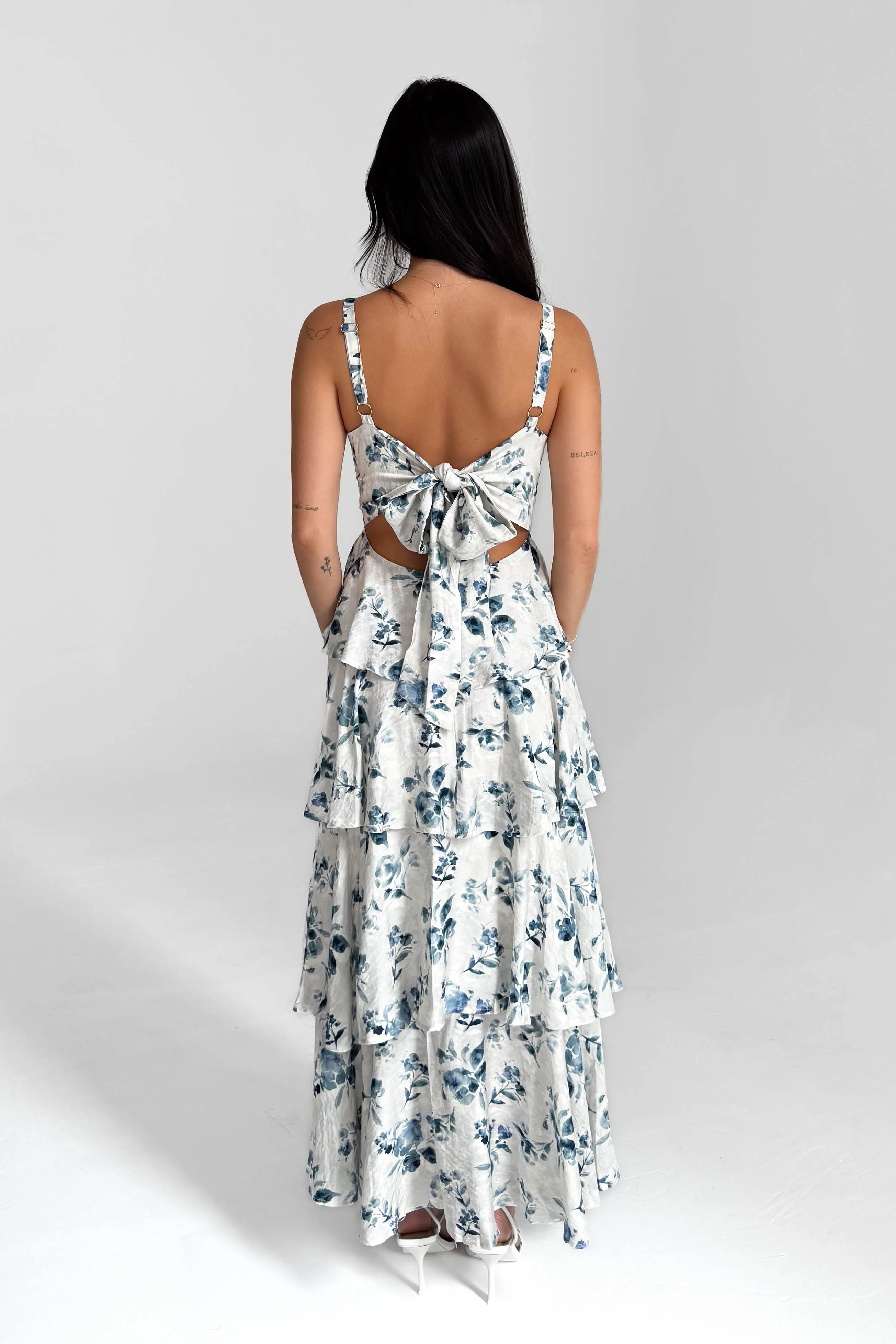 Blue Floral Tiered Midi Dress