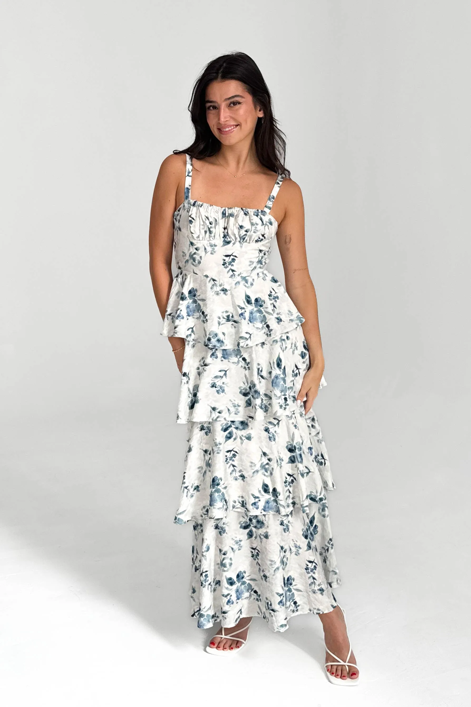 Blue Floral Tiered Midi Dress