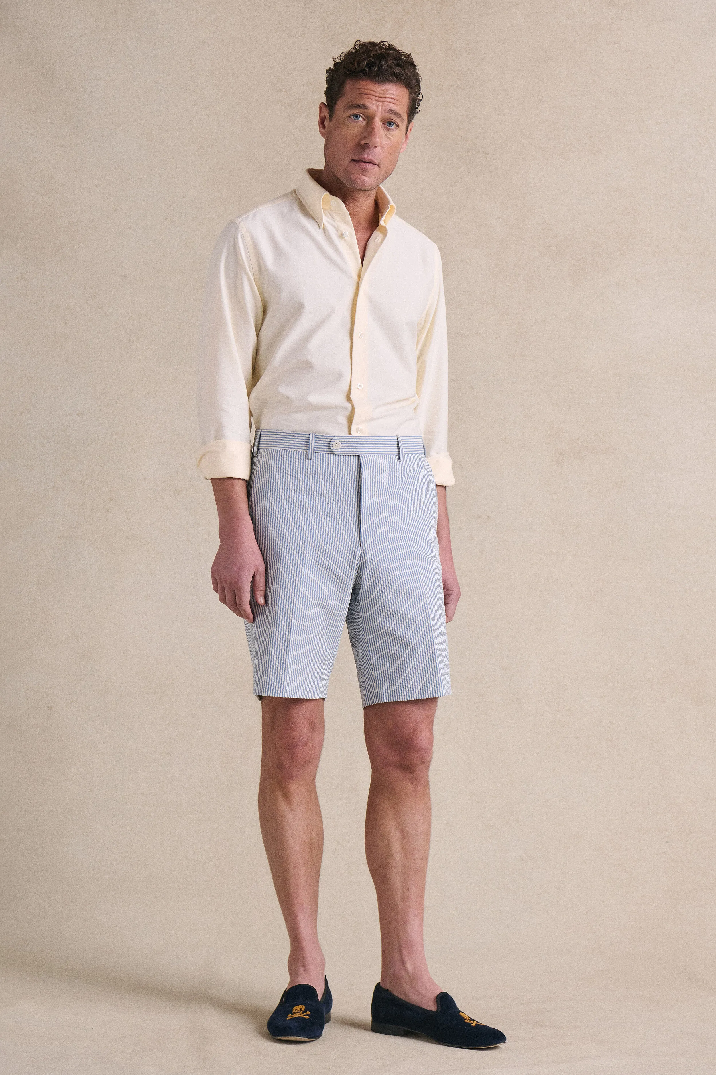 Blue Stripe Flat Front Seersucker Shorts