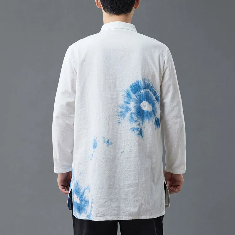 Buddha Stones Men's Frog-Button Chinese Tang Suit Tie Dye Gradient Flowers Shirt Cotton Linen Clothing