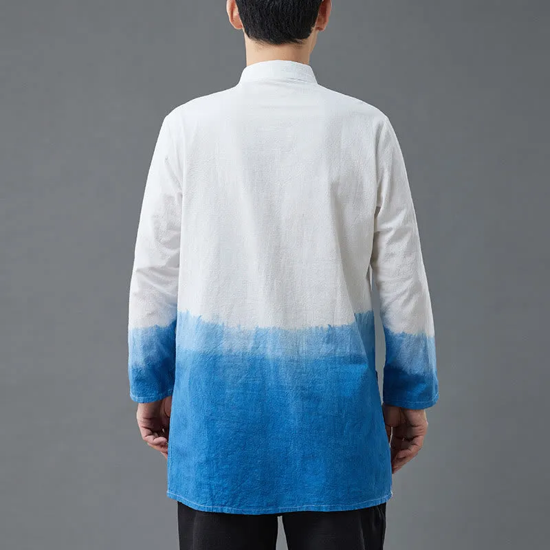 Buddha Stones Men's Frog-Button Chinese Tang Suit Tie Dye Gradient Flowers Shirt Cotton Linen Clothing