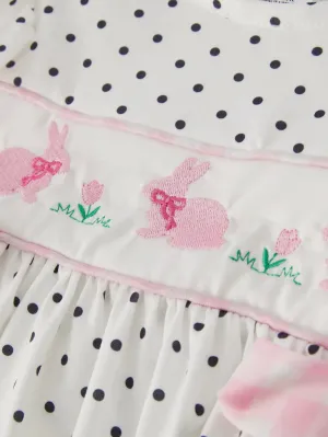 Bunny Hop & Dots Smocked Bubble: White Multi