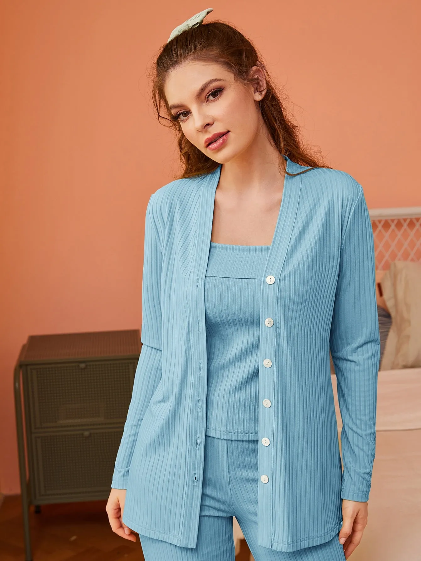 Button Front Robe & Cami Top & Pants PJ Set