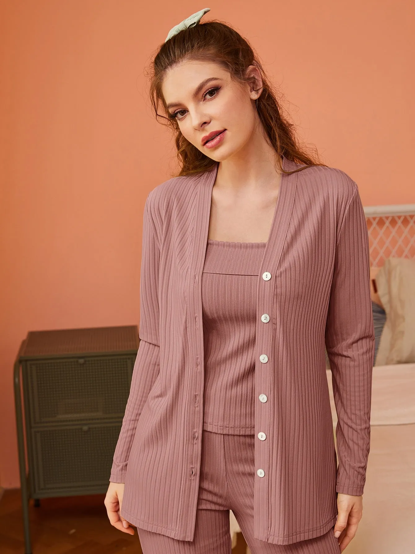 Button Front Robe & Cami Top & Pants PJ Set