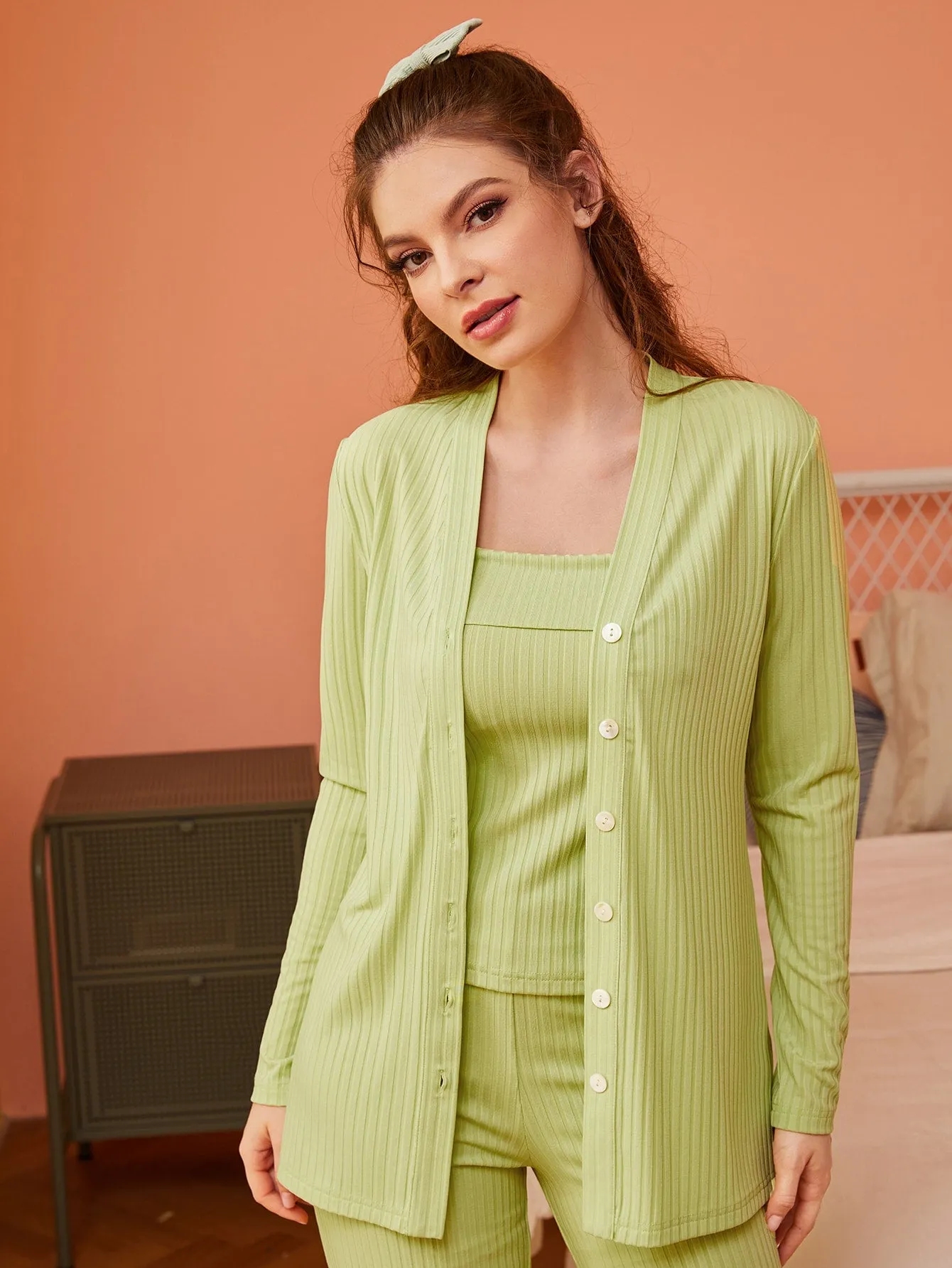 Button Front Robe & Cami Top & Pants PJ Set