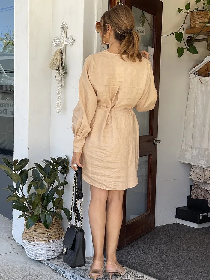 Button Linen Dress - Beige