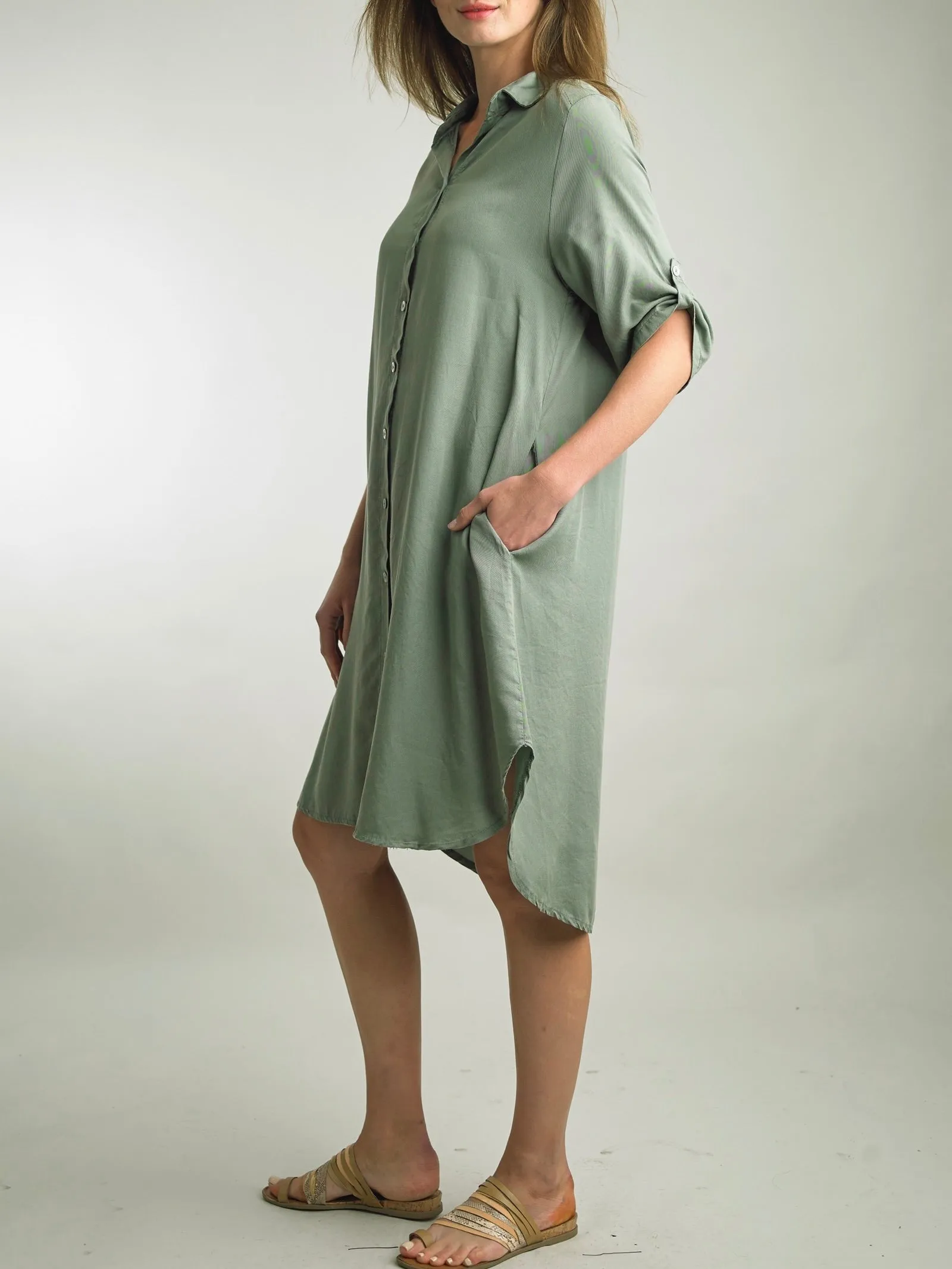 Buttondown Shirtdress with Pockets - Army