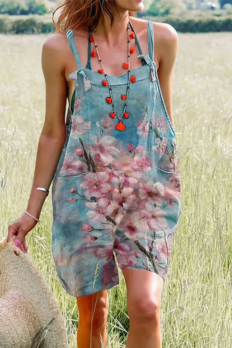 Casual Print Patchwork Spaghetti Strap Straight Jumpsuits(4 Colors)