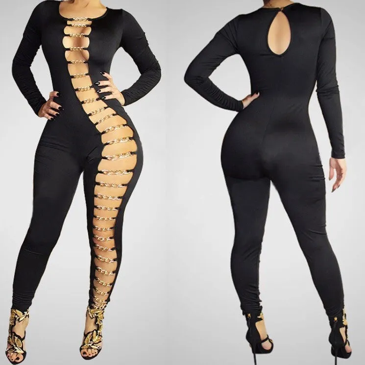Chain Cross Hollow Out Bodysuit Sexy Night Clubwear