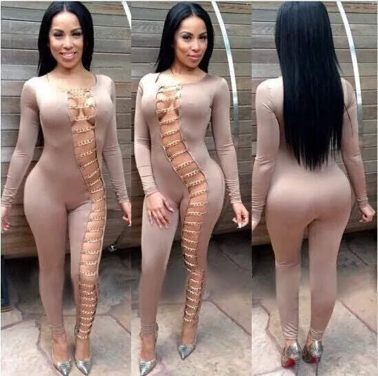 Chain Cross Hollow Out Bodysuit Sexy Night Clubwear