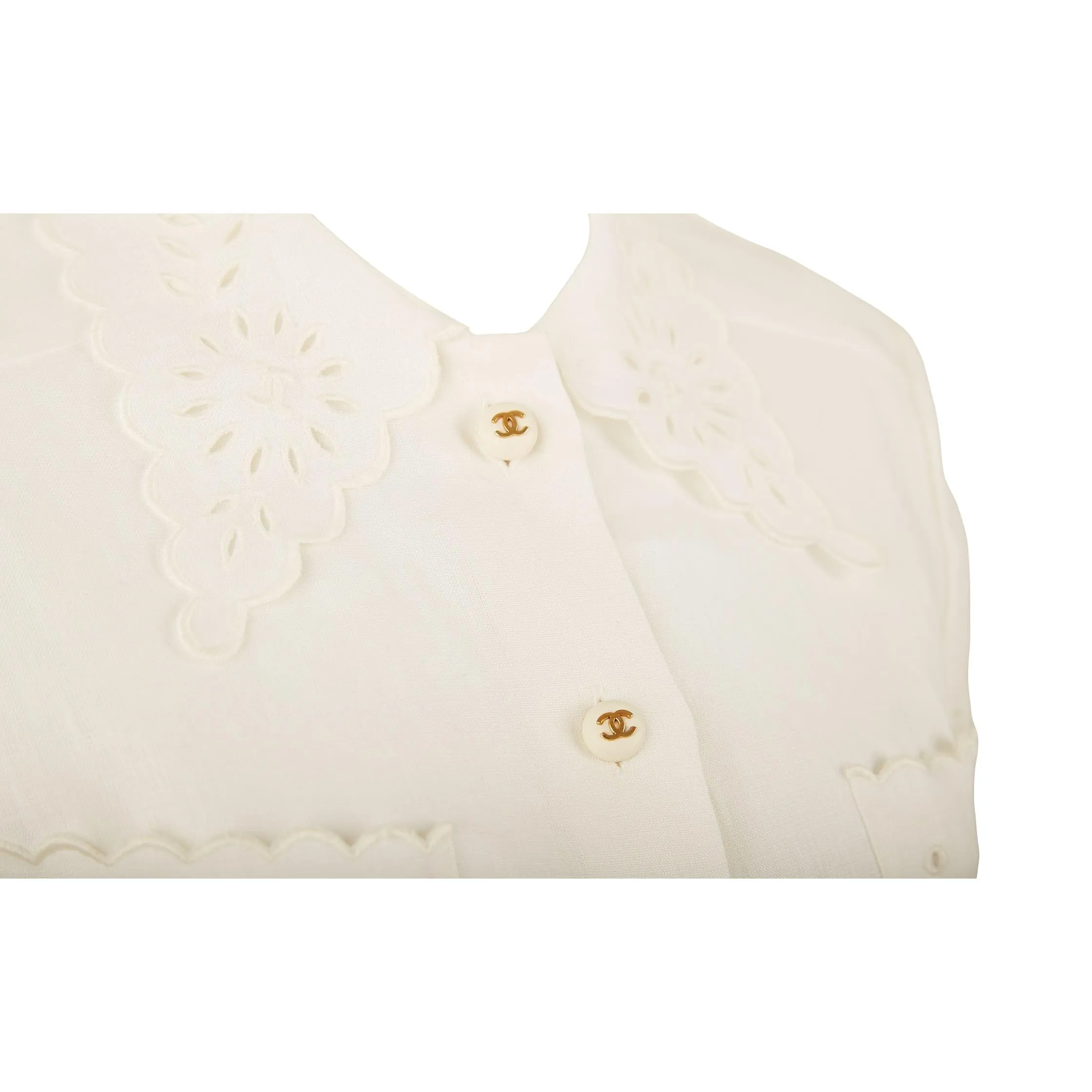 Chanel White Eyelet Logo Button Shirt