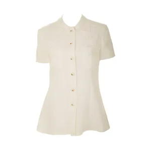 Chanel White Eyelet Logo Button Shirt